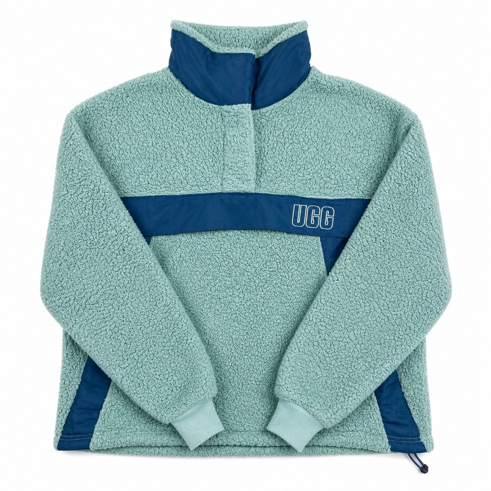 UGG Sherpa Fleece Pullover Women's M Teal Blue Logo Quarter Snap Cozy Sweater - Picture 4 of 8